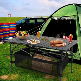220 Lb Capacity Foldable Camping Table Aluminum Top & Steel Frame With Mesh Basket Portable BBQ Picnic Beach Table Includes Carry Bag (Option: Black)