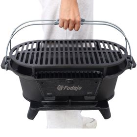 Outdoor Oval Cast Iron Grill, Portable Charcoal Grill, And Desktop Cast Iron Frying Pan (Option: Black)